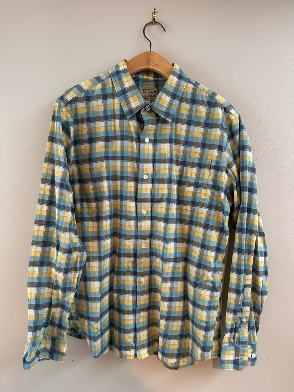 L.L. Bean Men's Yellow and Blue Plaid Button-Down Shirt